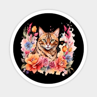 A bengal cat decorated with beautiful watercolor flowers Magnet